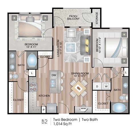 Floor plan for 2 beds, 2 baths, 1014 sqft